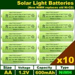 10 x AA 1.2V 600mAh NiMH Rechargeable Solar Light Batteries - NiMH replaces NiCd