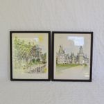 Vintage French Paintings Pair, Pierre Pages Framed Prints x2, Chateaux Castle