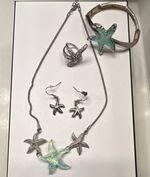 Starfish Motif Silver Tone Blue Jewelry Set Necklace Earrings Bracelet Ring