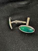 Vintage Sun Eagle Cufflinks Silver Tone Large Oval Likely Malachite Japan⁠
