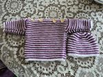 Brand New Hamd Knitted Purple And White Striped Jumper With Hat. Chest 16"