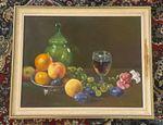 H Bullock Signed Original Oil Painting Fruit Grapes Wine Still Life Framed 21in