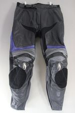 RICHA BLACK, BLUE & SILVER LEATHER BIKER TROUSERS + CE ARMOUR: WAIST 36"/LEG 31"