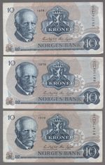 1979 Norway 10 Kroner Banknotes x3 – P#36c – King Olav V