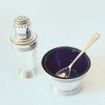 Keith Murray Mappin Webb W27704 Art Deco Salt Pepper Cruet Blue Glass
