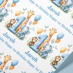 Blue 1st Birthday Wrapping Paper - Personalised Name Safari Baby Boy Gift Wrap