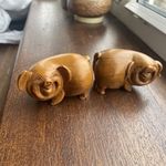 Vintage Chinese Hand Carved Wood Happy Pigs Figurines Set Male Female Good Luck