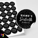 Personalised 60Th Birthday Party Round Stickers | Black White Glitter Style