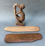 VINTAGE POLYNESIA EASTER ISLAND BIRD MAN CARVING & TWO RONGORONGO WOODEN TABLETS