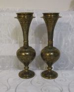 A Nice Pair Of Vintage Etched Indian Brass Vases 22.5cm Tall