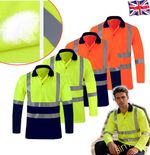 Mens Hi Viz Vis Visibility Polo T Shirt Reflective Safety Long Sleeve Workwear