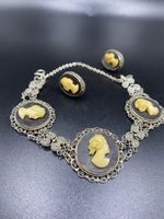Vintage Filigree Sterling Silver Cameo Bracelet & Earrings Set