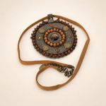 Vintage Tiger Eye Amulet Pendant Necklace Bronze Tone Beaded 1970s
