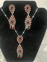 Western Navajo Squash Blossom Stone Necklace and Earring Set