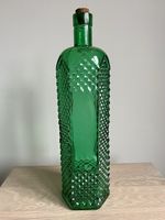 Vintage Mid Century Diamond Pattern Hexagon Green Glass Bottle With Cork  12in