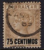 GIBRALTAR 1889 75c ON 1s, SHORT FOOT TO "5", SG 21a, CDS USED, CAT. £225