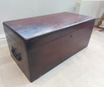 Vintage rustic wooden tool box, iron handles, inner tray, padded lid