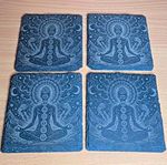 Set of 4 Laser Engraved Slate Coasters Meditation Chakra Theme Stackable 