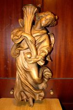 ANTIQUE 19" HAND CARVED WOOD ANGEL CHERUB PUTTO WALL STATUE FIGURE SCULPTURE