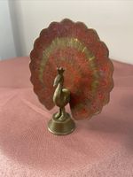 Vintage Brass peacock figurine, with etched Details and Red Colour 4” Deco