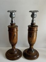 Pair of Turned Wood and Metal Decorative Candlestick Holders