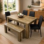 Dining Table Set for 6   Rustic Wood Table with 4 Black Chairs and 1 Bench