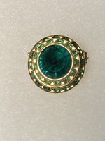 Vintage Gold Tone Bright Green Rivoli Row Light Bright Green Rhinestones Brooch