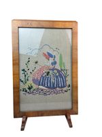 Vintage Fire Screen  Linnen Needlepoint Wood Behind Glass