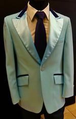 VINTAGE AFTER SIX LIGHT BABY BLUE MENS TUXEDO JACKET W/ NAVY VELVET TRIM RETRO