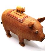 Mid Century Chinese Wood Wicker & Sculped Pig Tea Caddy With Enamel Lining  