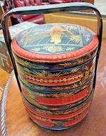 Vintage Chinese 3 Tier Wedding/Betrothal Hand Painted Red & Black Lacquer Basket