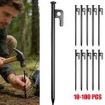 25cm Black Carbon Steel Tent Pegs Heavy Duty Hard Ground Camping Awning Stakes