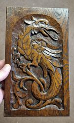 Antique Carved Oak Panel - Mythical Creature / Griffin ( 25.cm X 15.cm )