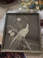 Antique Japanese Chinese Silk Silver Bird Embroidery Framed Panel Textile