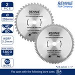 2 X TCT Circular Wood Blade 255mm x 40T 80T fits Evolution Rage Saws 25.4mm Bore