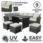9Seater Rattan Corner Sofa Set Glass Table Cushion Outdoor Garden Furniture Grey