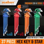 37 Pcs Hex Key Allen Allan Wrench Set Metric & Imperial Ball End Coloured Long