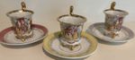 Three Vintage Demitasse Cups & Saucers Courting Scene Gold Gilt Footed Japan
