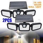 2X Solar Powered 3 Head 74 LED Security Light Motion Sensor Waterproof Wall Lamp
