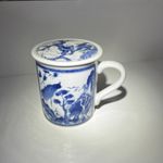 JAPANESE STYLE PORCELAIN TEA COFFEE MUG BLUE WHITE LANDSCAPE MOUNTAINS WITH LID