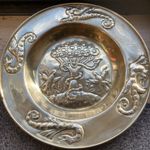 Antique Arts & Crafts brass hand made Charger Apple tree snake bird dragons 43cm