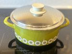 Vintage Enamel Casserole Pot With Lid Double Handles 2L Round Green 20cm