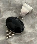 Vintage Sterling Silver Black Onyx Oval Pendant Necklace Ethnic Boho