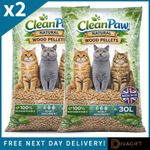 2 x CLEAN PAWS CAT LITTER NATURAL WOOD PELLETS 30L ODOUR ABSORBENT BIODEGRADABLE