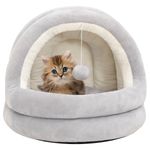 Cat Bed Grey & Cream Fleece Plush House 50x50x45cm PP Cotton Pad Anti-Slip Ball