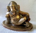 Old Solid Brass Reclining Hindu God Lord Ganesha Ganesh with Mooshika Mouse