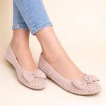Lilley Womens Shoes Beige Ballerina Flat Slip On Bow Diamante Cut Out SIZE