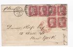 1869 QV RARE SIX 1d PENNY RED STAMPS (BLOCK OF 4) ON WRAPPER TO NEW YORK
