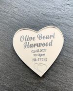Personalised Heart Birth Details Keepsake Gift In Silver Mirrored Acrylic 2 Inch