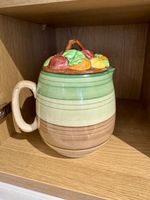 Vintage 1930-1940 Ceramic Jam Pot Jug with Stripes and Fruit Design Lid England